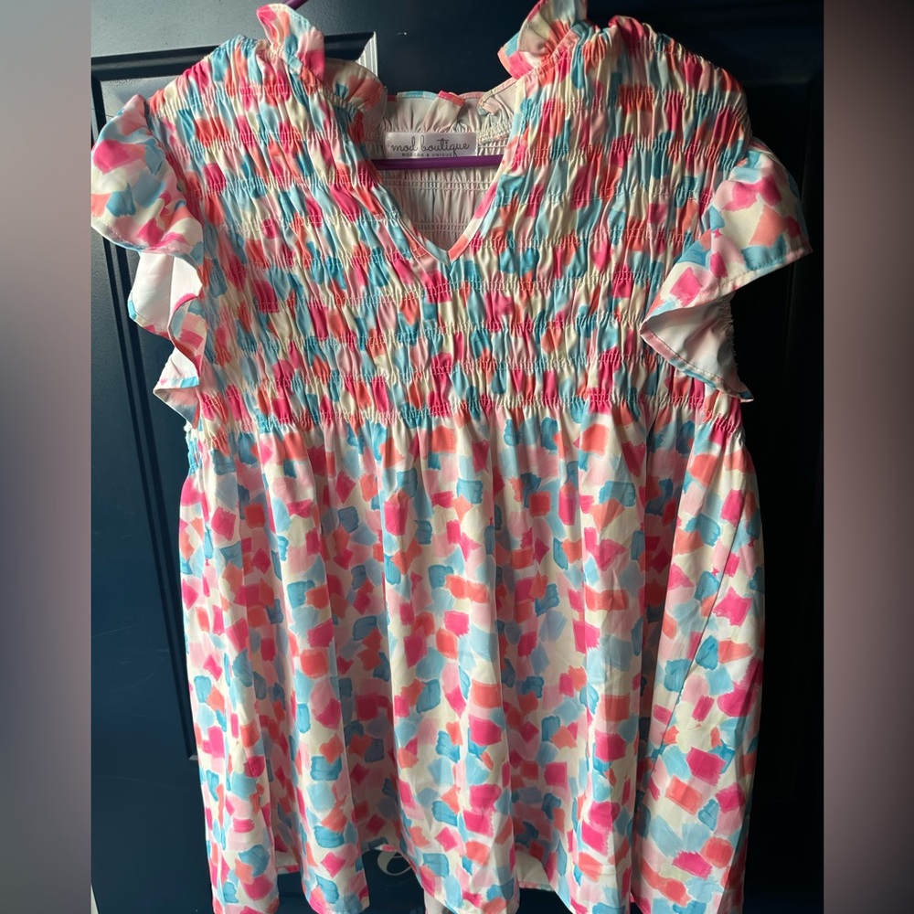 Smocked Flutter Sleeve Blouse - Pink Multi
